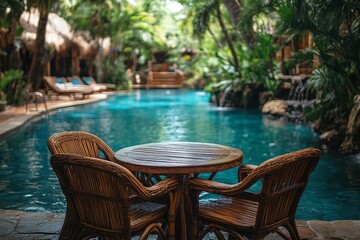 Fototapeta premium Wooden outdoor table and chairs near the pool in a tropical resort setting.