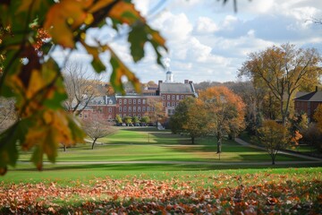 A view of a college campus in the fall, showing red brick buildings, a central green space, and trees with changing leaves, A view of the campus from afar