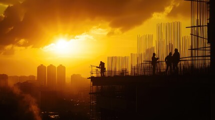 Silhouetted Construction Workers at Sunset Over Cityscape