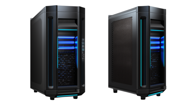 Sleek Modern Computer Case with Blue LED Lighting, Perfect for Tech and Gaming Websites, Product Showcase, and PC Hardware Advertising