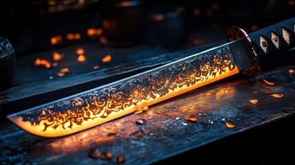 Ornate katana glowing with fiery design rests on forge.