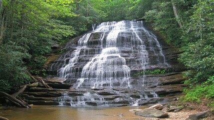 Serene Waterfall Cascading Down Rocky Mountainside