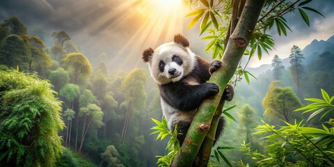 Obraz premium Adorable Giant Panda Cub Climbing Tree, Drone View, Wildlife Conservation