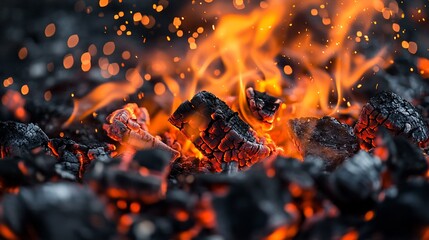 Fiery embers glowing brightly, sparks flying.