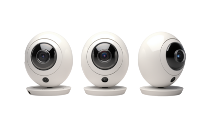 Three Modern Smart Home Security Cameras, White, Futuristic Design, Surveillance System, Home Safety, Internet of Things