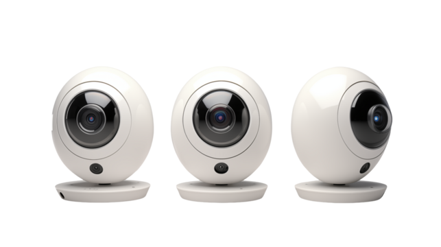 Three Modern Smart Home Security Cameras, White, Futuristic Design, Surveillance System, Home Safety, Internet of Things