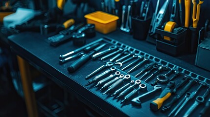 Fototapeta premium Assorted Mechanic Tools Organized On A Workbench