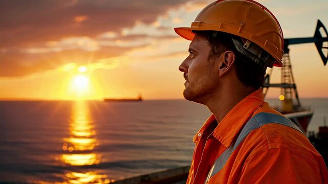 a man in overalls on the background of the ocean