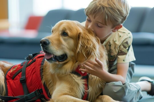 A boy with autism receives comforting support from his autism assistance dog, An autism assistance dog using calming techniques to aid a child in a stressful situation