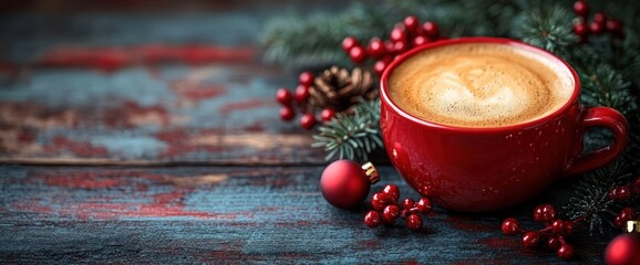 Red mug of cappuccino with Christmas decorations on rustic wood.
