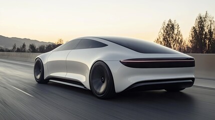 Naklejka premium White Electric Car Driving on a Highway at Sunset