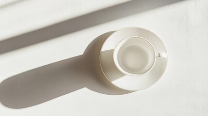 Empty white coffee cup and saucer on white background with sunlight shadow.