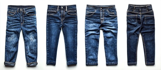 Four pairs of blue jeans displayed on a white background.