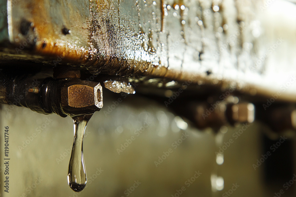 Poster water dripping from a rusty pipe in industrial setting
