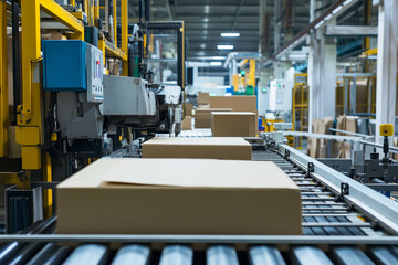 Conveyor belt transporting packages in a warehouse facility