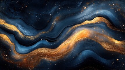 An abstract fluid art background combines navy blue and golden glitter, resembling a luxurious liquid marble effect