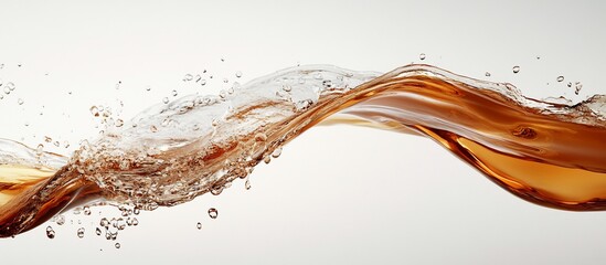 Amber liquid flowing with bubbles, white background.