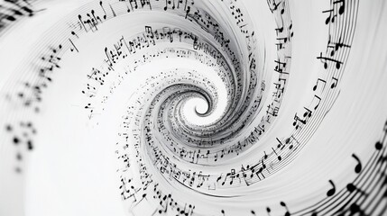 Abstract spiral of musical notes swirling into a vortex.
