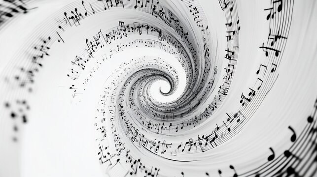 Abstract spiral of musical notes swirling into a vortex.