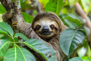 Fototapeta premium Cute sloth on a background of green tree leaves close-up