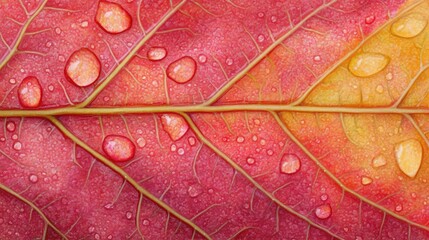 Fototapeta premium Red Autumn Leaf Veins Water Droplets