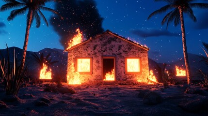 Burning House on Tropical Beach - A burning house on a beach at night, symbolizing loss, destruction, escape, rebirth, and the end.