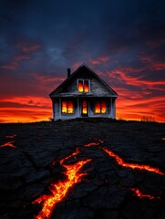 Fototapeta premium Burning House on Lava Field - A derelict house ablaze, perched precariously above a fiery lava flow, symbolizing destruction, resilience, apocalypse, hope, and contrast.