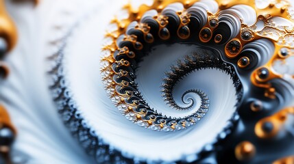 Abstract fractal spiral in gold, white, and black.
