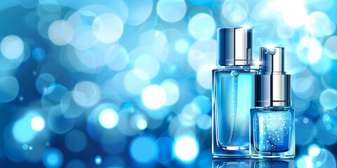 Three perfume bottles on a pink surface against a tropical background
