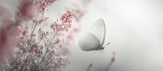 White butterfly in flight near soft pink flowers.