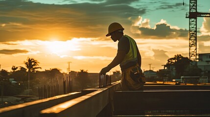 Fototapeta premium Construction Worker Silhouette at Sunset Setting Rebar
