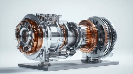 Naklejka premium Detailed cutaway of a complex metallic industrial transmission system on a white background.