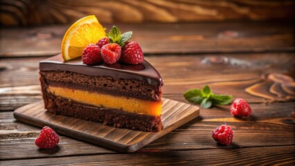 A decadent chocolate cake slice with orange and raspberry garnish rests on a wooden board. © Kukar Studio