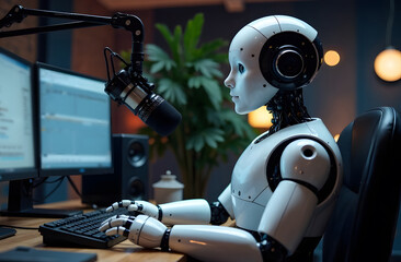 Humanoid AI robot working at the radio station studio, artificial intelligence and entertainment concept