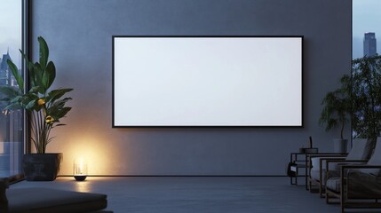 Blank canvas mockup in modern living room with city view.