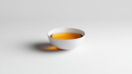 White bowl of amber liquid on white background.