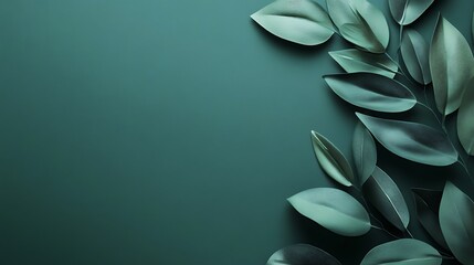 Teal Background With Elegant Green Leaves Arranged Artfully