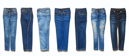 Seven pairs of jeans in various shades of blue, folded and arranged on a white background.