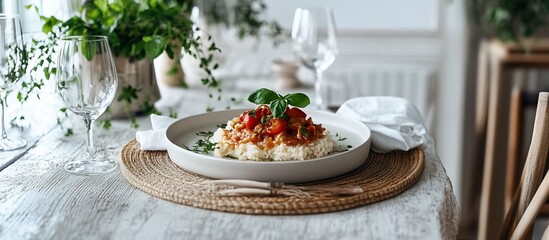 Delicious tomato basil rice dish served on a plate at a table setting.