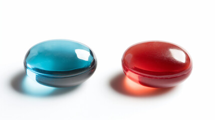 Blue and red pills on white background.