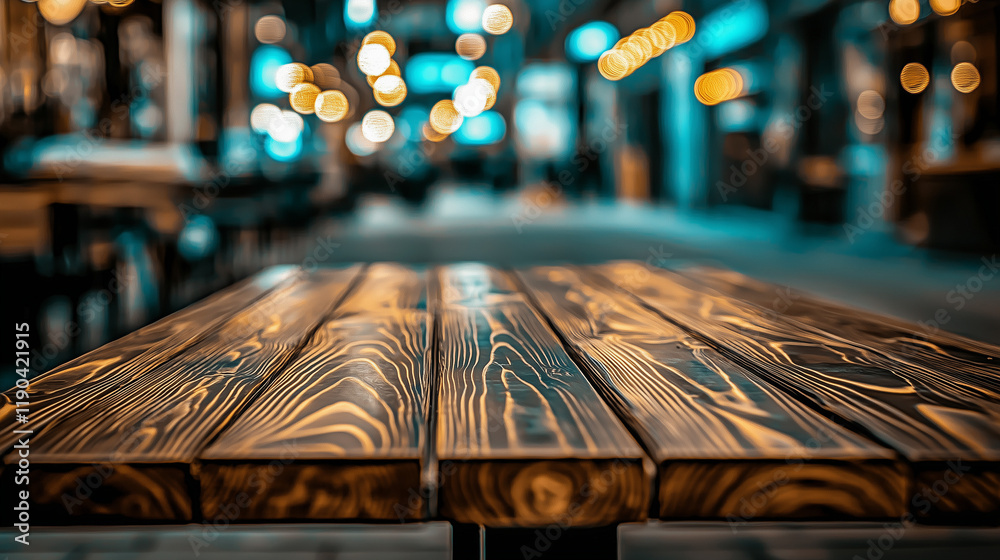 Poster dark brown wooden table top with blurred street background at an outdoor shopping center. bokeh effe