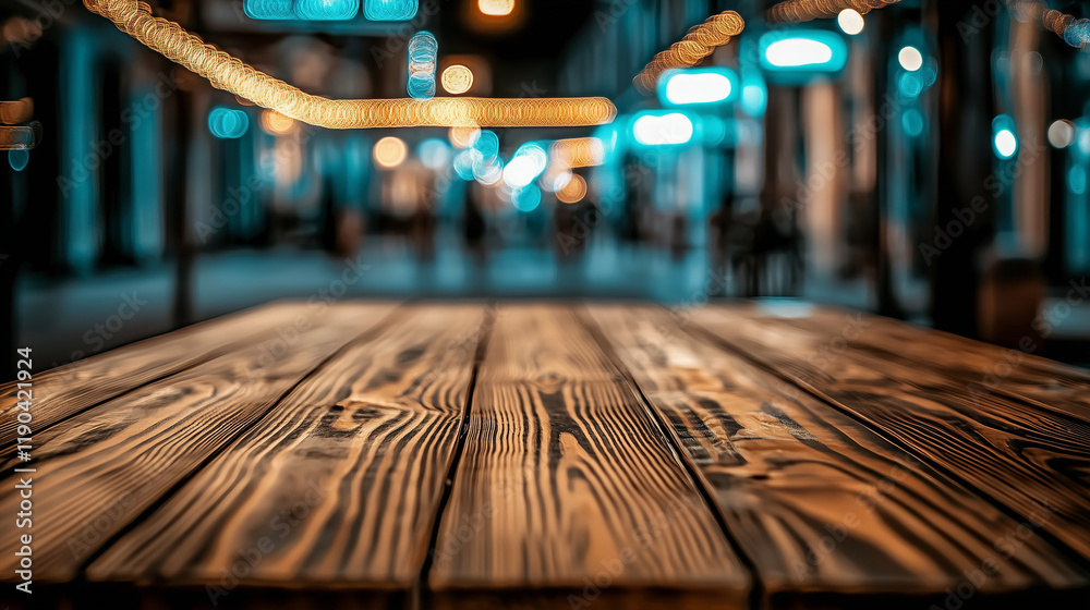 Aufkleber dark brown wooden table top with blurred street background at an outdoor shopping center. bokeh effe