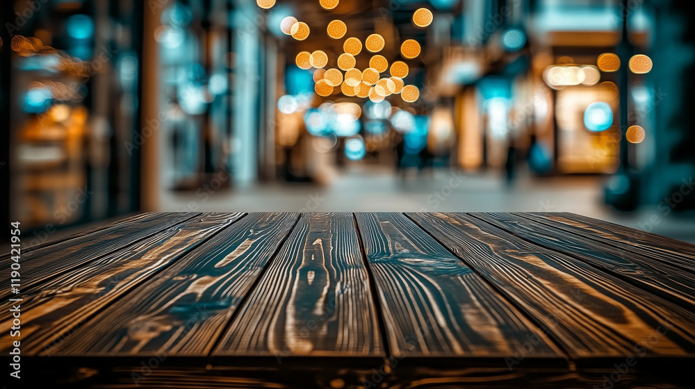 Aufkleber Dark brown wooden table top with blurred street background at an outdoor shopping center. Bokeh effect creates a soft focus, emphasizing the texture of the wood and offering ample space for text, idea