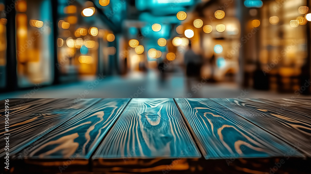 Fototapete dark brown wooden table top with blurred street background at an outdoor shopping center. bokeh effe