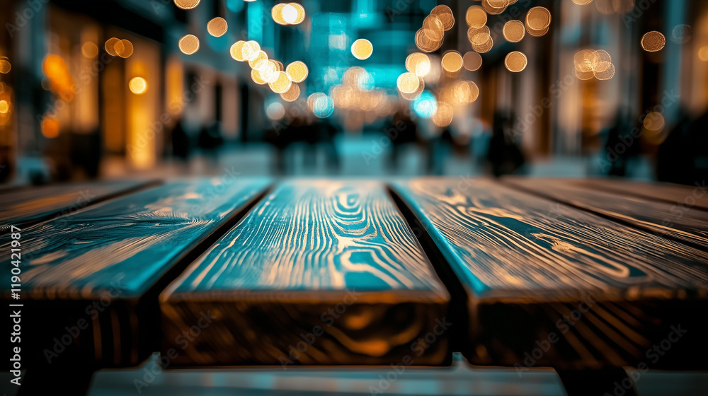 Aufkleber dark brown wooden table top with blurred street background at an outdoor shopping center. bokeh effe
