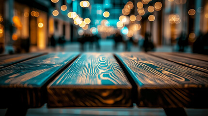 Dark brown wooden table top with blurred street background at an outdoor shopping center. Bokeh effect creates a soft focus, emphasizing the texture of the wood and offering ample space for text, idea