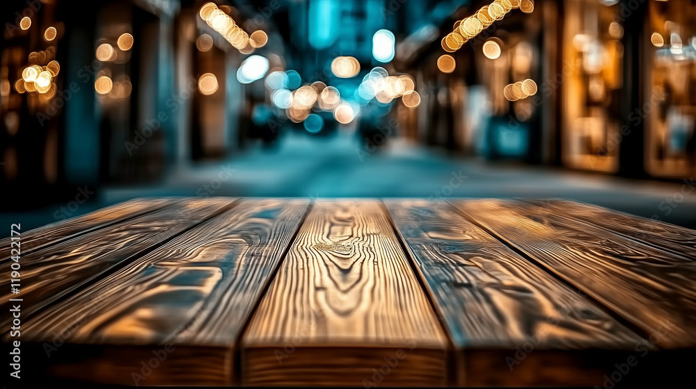 Poster Dark brown wooden table top with blurred street background at an outdoor shopping center. Bokeh effect creates a soft focus, emphasizing the texture of the wood and offering ample space for text, idea