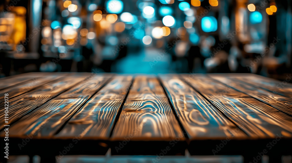 Poster Dark brown wooden table top with blurred street background at an outdoor shopping center. Bokeh effect creates a soft focus, emphasizing the texture of the wood and offering ample space for text, idea