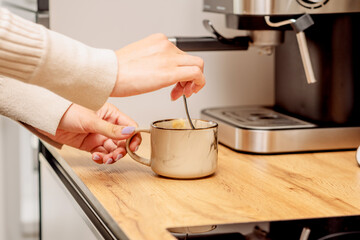 The process of making coffee at home. Coffee machine. Ground coffee.