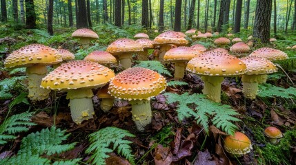 Cluster of vibrant mushrooms thriving in a forest setting